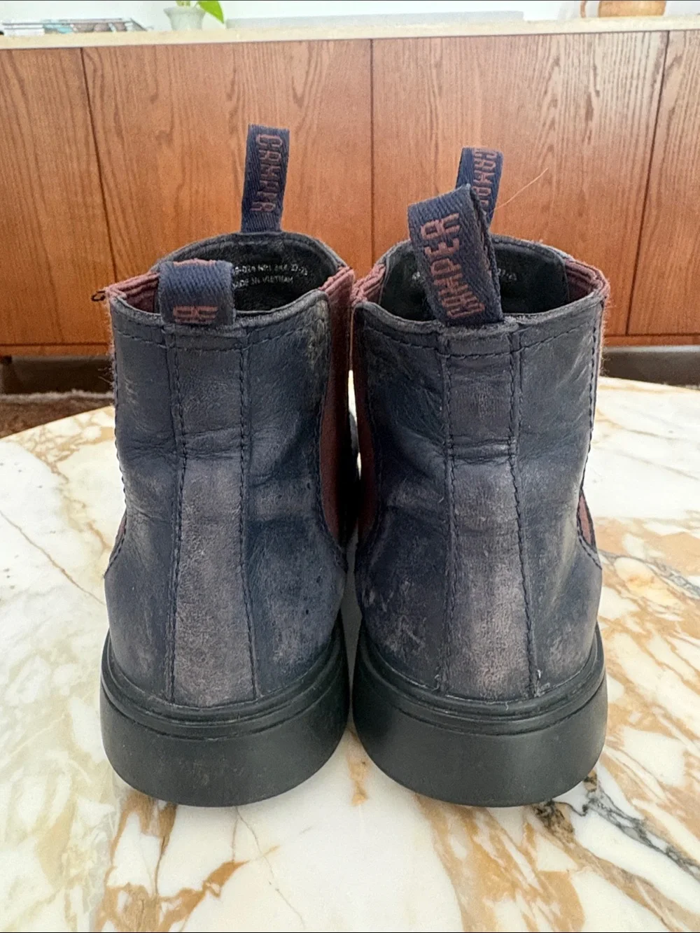 Camper Kids Navy Leather Chelsea Boots with Maroon Elastic
